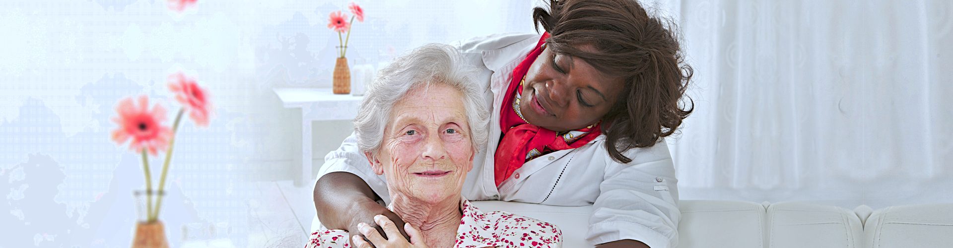 senior woman smiling while the nurse looking at her